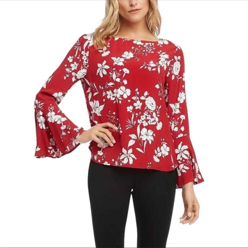 NEW Karen Kane Floral Printed Red Bell Sleeve Blouse Top, NWT, XS, MSRP $119